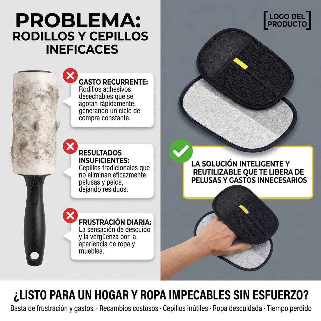 Guante quita pelusas — COMPARACIÓN DOLOR VS. SOLUCIÓN